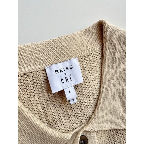 REISS x CHÉ Quinn Tan 100% Cotton Pointelle Knit Short Sleeve Polo Shirt, Size S - Picture 13 of 16